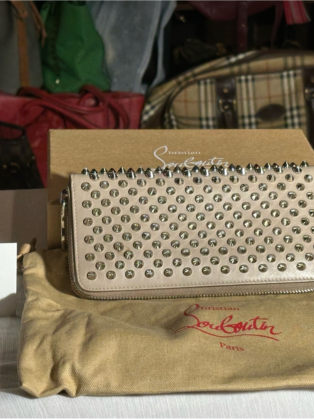 Christian Louboutin Nude Studded Zip Wallet with Silver Spikes